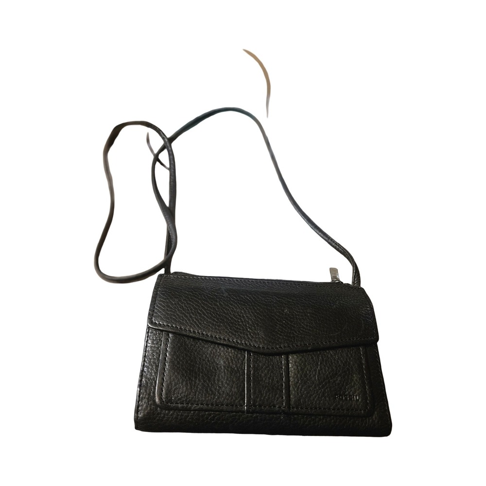 Fossil Black Pebbled Genuine Leather Crossbody Wallet Travel‎ Bag Organizer